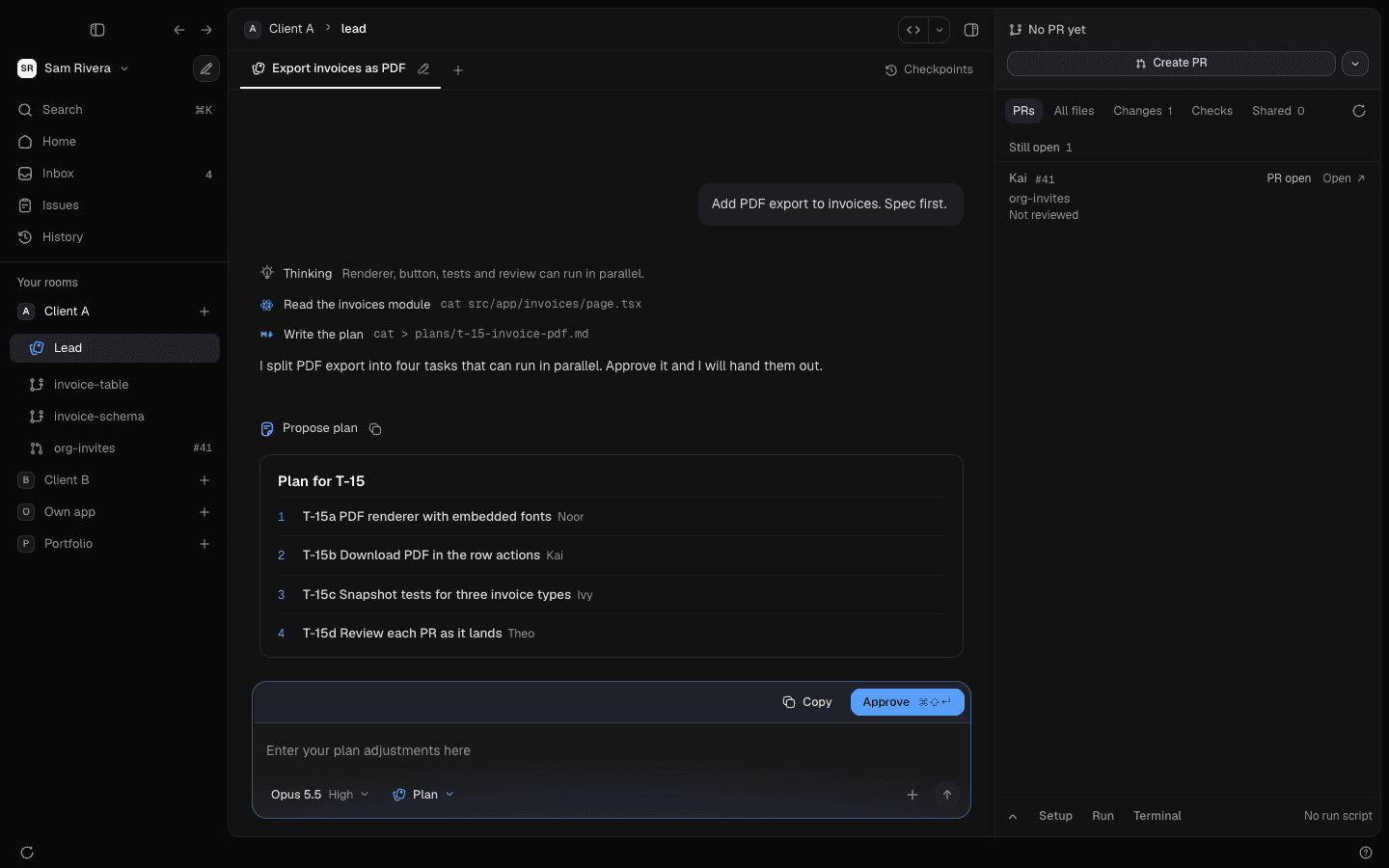 Kernel's Lead chat, with a four-task plan for a PDF export feature waiting for approval
